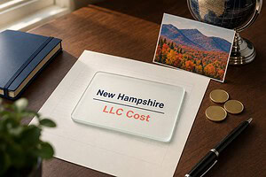 Frosted glass card reading New Hampshire LLC Cost on a fee sheet, with gold coins and a White Mountains postcard