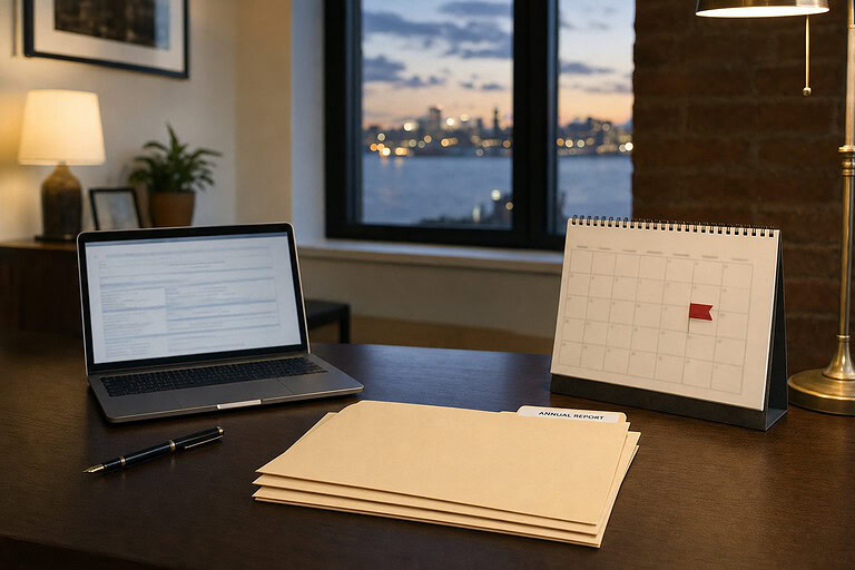 New Jersey office desk at dusk with a laptop, a flagged calendar and folders labeled Annual Report
