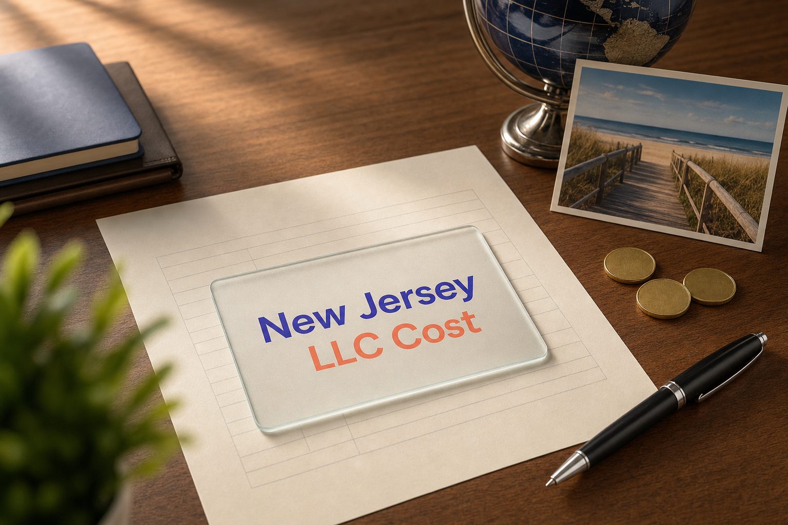 Frosted glass card reading New Jersey LLC Cost on a fee sheet, with gold coins and a Jersey Shore postcard