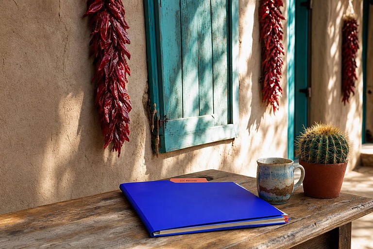 Indigo folder with an LLC Records tab on a table against an adobe wall with turquoise shutters and red chile ristras in New Mexico
