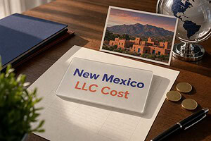 Frosted glass card reading New Mexico LLC Cost on a fee sheet, with gold coins and a Santa Fe adobe postcard