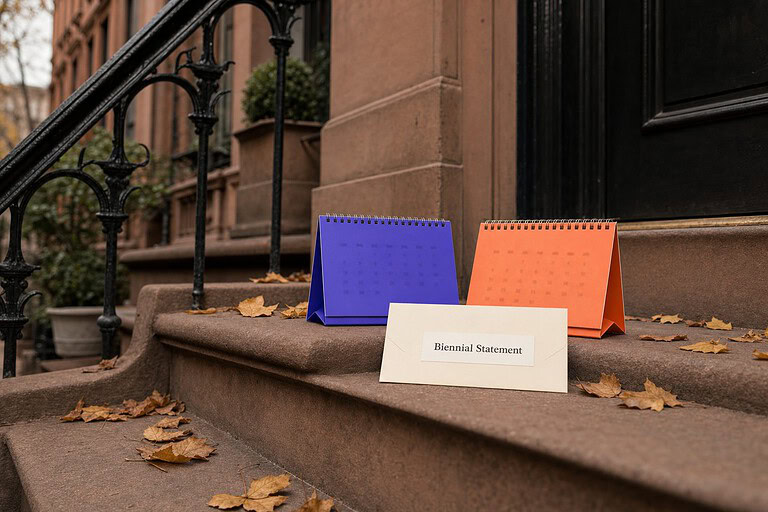 Biennial Statement envelope and two calendars on a New York brownstone stoop, for the New York LLC biennial statement