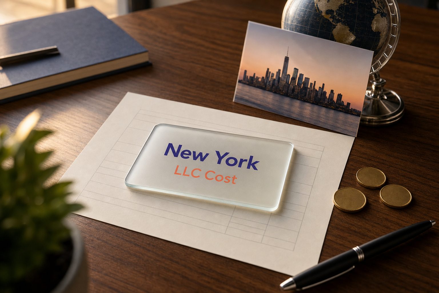 Frosted glass card reading New York LLC Cost on a fee sheet, with gold coins and a Manhattan skyline postcard