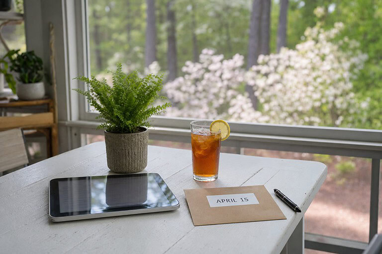 Screened porch table in North Carolina with iced tea and an envelope labeled April 15