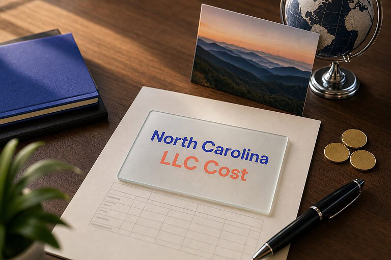 Frosted glass card reading North Carolina LLC Cost on a fee sheet, with gold coins and a Blue Ridge mountains postcard