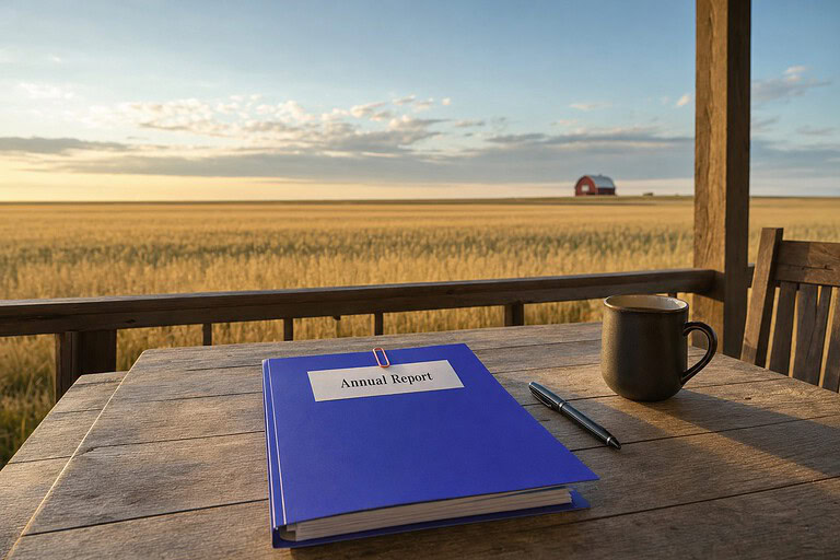 Indigo folder labeled Annual Report on a porch table overlooking North Dakota wheat fields and a red barn