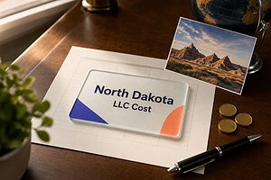 Frosted glass card reading North Dakota LLC Cost on a fee sheet, with gold coins and a North Dakota badlands postcard