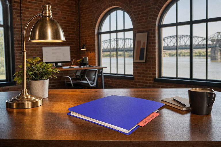 Indigo folder with an LLC Records tab on a desk in a brick loft office overlooking an Ohio river bridge