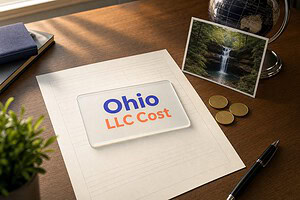 Frosted glass card reading Ohio LLC Cost on a fee sheet, with gold coins and a Hocking Hills waterfall postcard