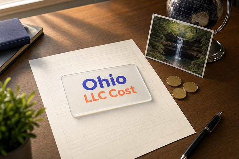 Frosted glass card reading Ohio LLC Cost on a fee sheet, with gold coins and a Hocking Hills waterfall postcard