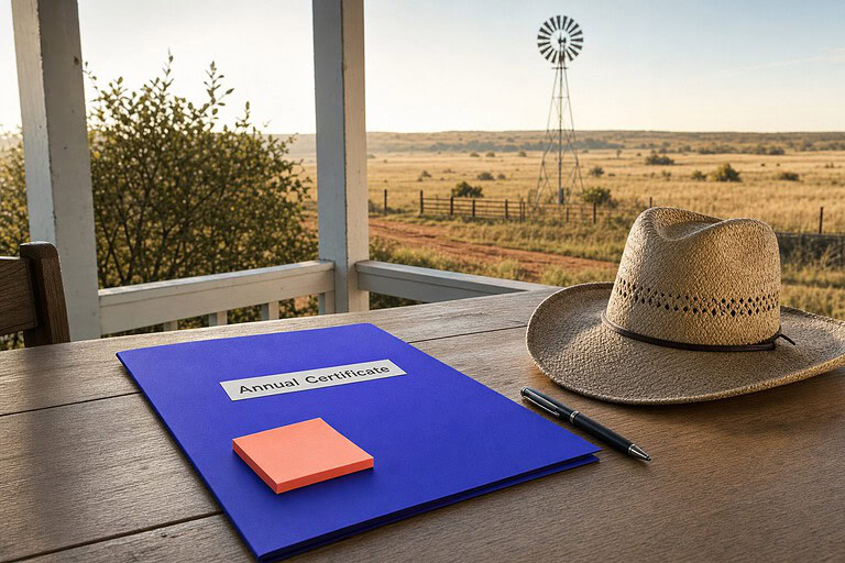 Indigo folder labeled Annual Certificate on a farmhouse porch desk overlooking Oklahoma red dirt prairie and a windmill