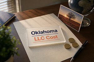 Frosted glass card reading Oklahoma LLC Cost on a fee sheet, with gold coins and a Oklahoma plains postcard