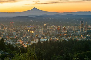 Portland, Oregon at dawn with Mount Hood in the distance