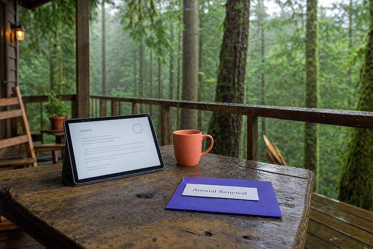 Annual Renewal envelope and tablet on a rainy Oregon forest cabin porch, for the Oregon LLC annual report