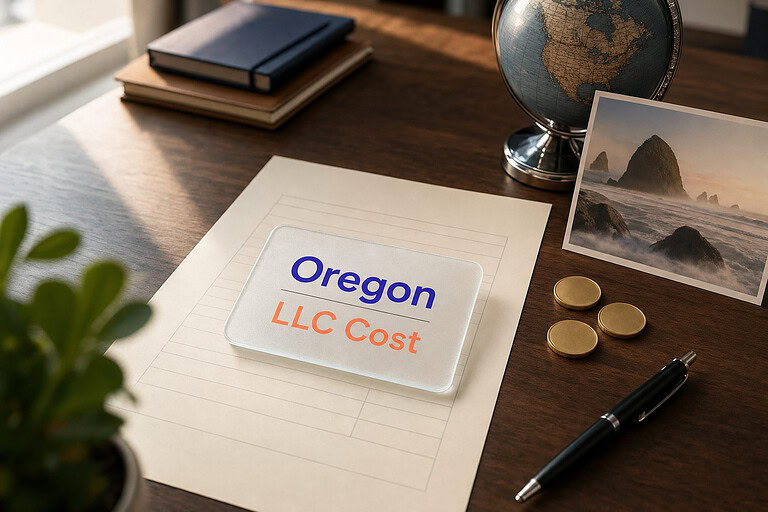 Frosted glass card reading Oregon LLC Cost on a fee sheet, with gold coins and a Oregon coast postcard