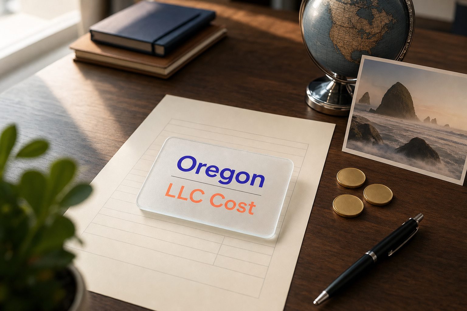 Frosted glass card reading Oregon LLC Cost on a fee sheet, with gold coins and a Oregon coast postcard