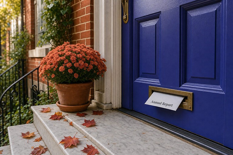 Annual Report envelope in the brass mail slot of a Philadelphia rowhouse door in autumn, Pennsylvania LLC annual report