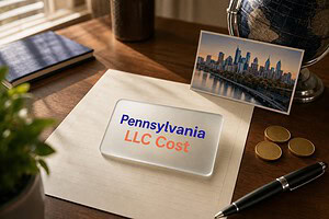 Frosted glass card reading Pennsylvania LLC Cost on a fee sheet, with gold coins and a Philadelphia skyline postcard