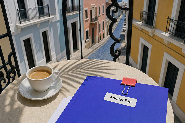 Indigo folder labeled Annual Fee on a balcony table above a blue cobblestone street in Old San Juan, Puerto Rico