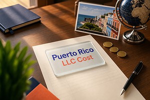 Frosted glass card reading Puerto Rico LLC Cost on a fee sheet, with gold coins and a Old San Juan postcard