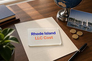 Frosted glass card reading Rhode Island LLC Cost on a fee sheet, with gold coins and a Newport harbor postcard