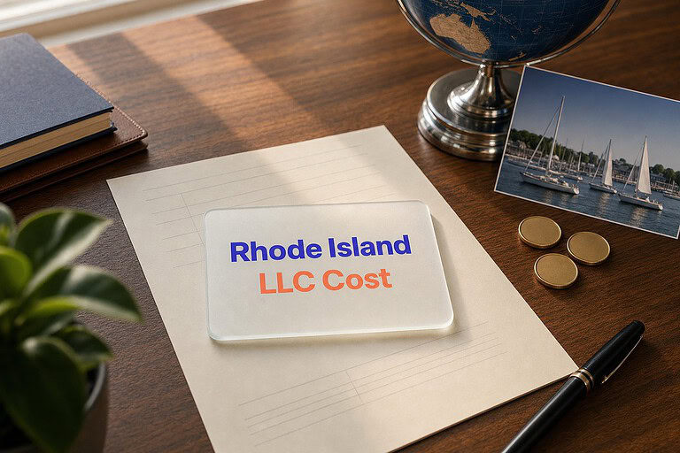 Frosted glass card reading Rhode Island LLC Cost on a fee sheet, with gold coins and a Newport harbor postcard