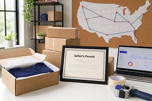 Framed seller's permit at an ecommerce packing station with shipping boxes and a US map pinned with sales tax states