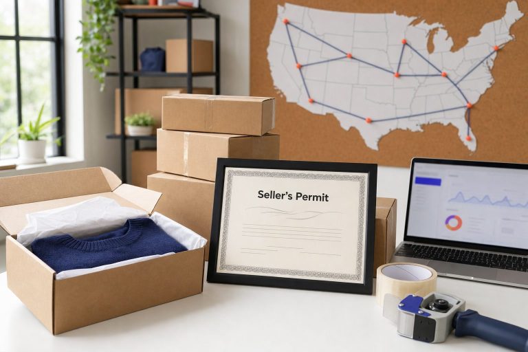 Framed seller's permit at an ecommerce packing station with shipping boxes and a US map pinned with sales tax states