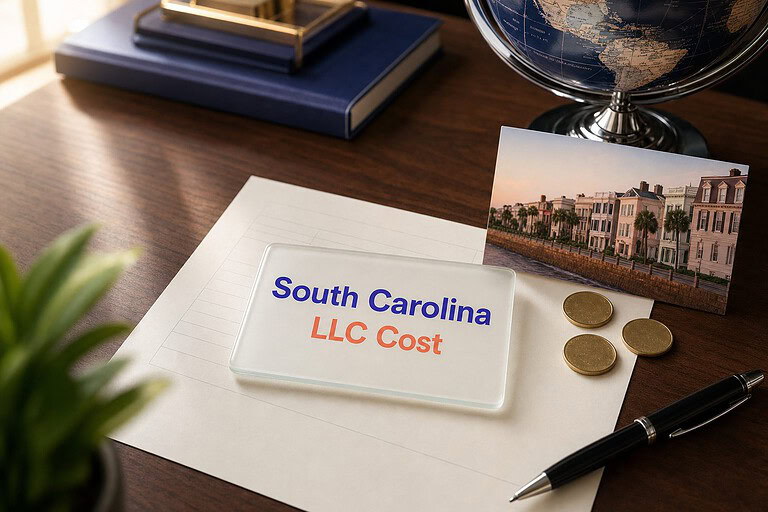 Frosted glass card reading South Carolina LLC Cost on a fee sheet, with gold coins and a Charleston waterfront postcard
