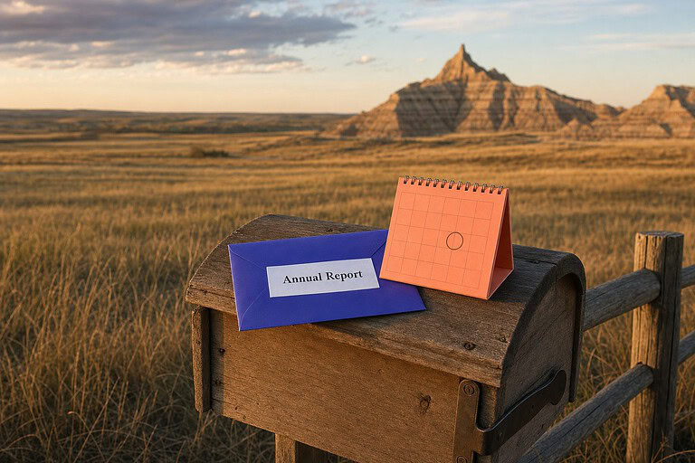 Annual Report envelope and calendar on a mailbox near the South Dakota Badlands, for the South Dakota LLC annual report