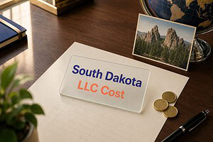 Frosted glass card reading South Dakota LLC Cost on a fee sheet, with gold coins and a Black Hills postcard