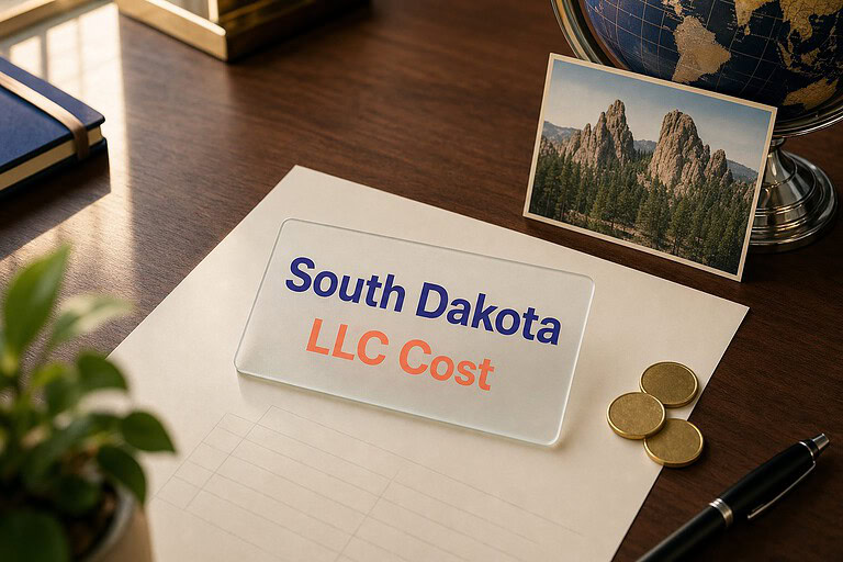Frosted glass card reading South Dakota LLC Cost on a fee sheet, with gold coins and a Black Hills postcard