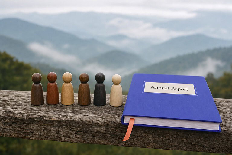 Six wooden figurines beside an Annual Report cover on a fence rail with misty Smoky Mountains, Tennessee LLC annual report fee
