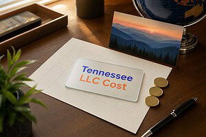 Frosted glass card reading Tennessee LLC Cost on a fee sheet, with gold coins and a Smoky Mountains postcard