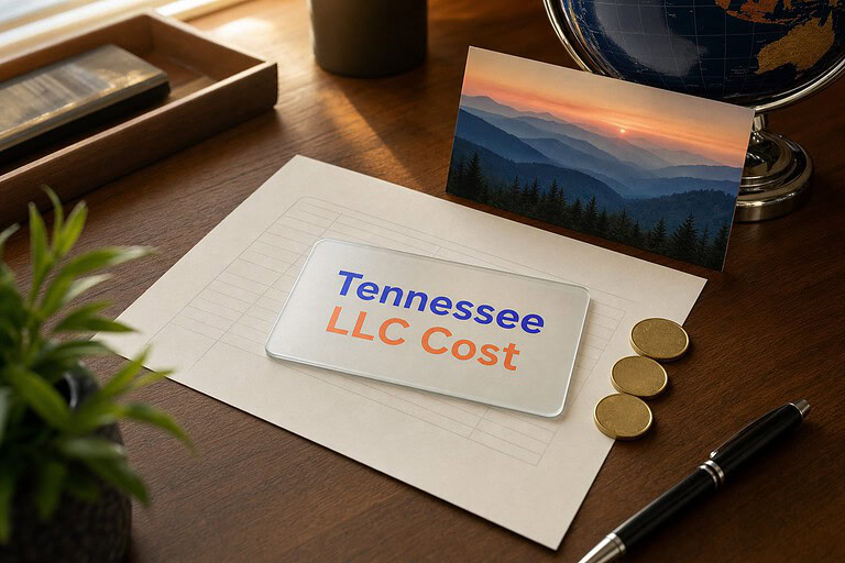 Frosted glass card reading Tennessee LLC Cost on a fee sheet, with gold coins and a Smoky Mountains postcard
