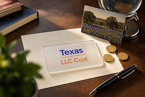 Frosted glass card reading Texas LLC Cost on a fee sheet, with gold coins and a Texas Hill Country postcard