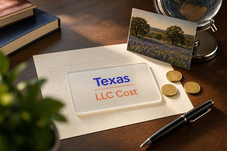 Frosted glass card reading Texas LLC Cost on a fee sheet, with gold coins and a Texas Hill Country postcard