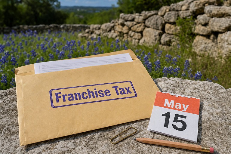 Franchise Tax envelope and a May 15 calendar page on Hill Country limestone with bluebonnets, Texas LLC annual report