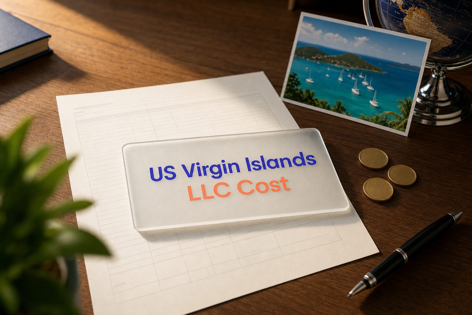 Frosted glass card reading US Virgin Islands LLC Cost on a fee sheet, with gold coins and a St. Thomas bay postcard