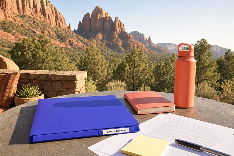 Indigo Annual Renewal folder on a stone patio table in front of red sandstone cliffs in Utah