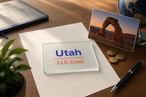 Frosted glass card reading Utah LLC Cost on a fee sheet, with gold coins and a Utah red rock arch postcard
