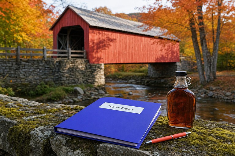Annual Report folder and maple syrup on a stone wall by a Vermont covered bridge, for the Vermont LLC annual report