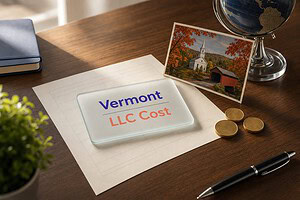Frosted glass card reading Vermont LLC Cost on a fee sheet, with gold coins and a Vermont autumn village postcard