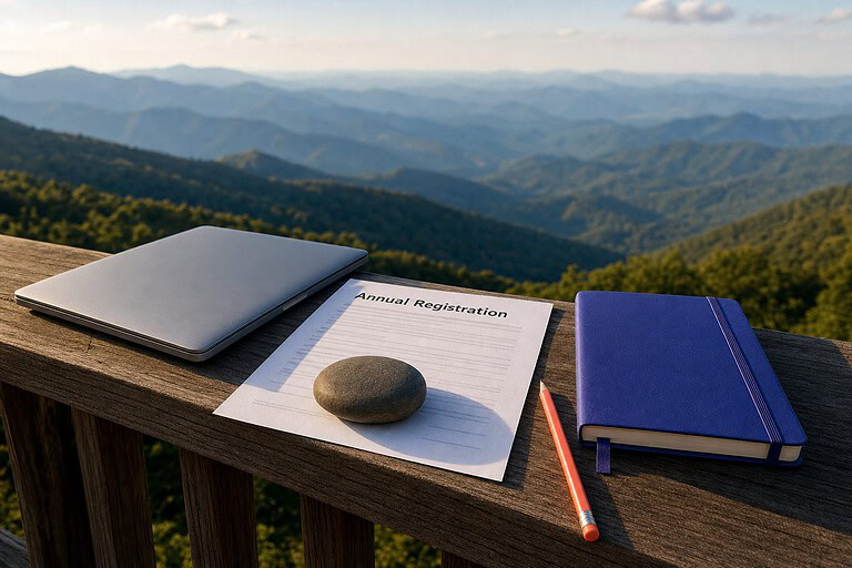Annual Registration form on a Blue Ridge overlook railing, for the Virginia LLC annual registration fee
