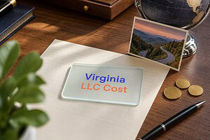 Frosted glass card reading Virginia LLC Cost on a fee sheet, with gold coins and a Shenandoah mountains postcard
