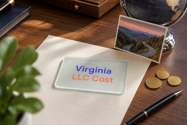 Frosted glass card reading Virginia LLC Cost on a fee sheet, with gold coins and a Shenandoah mountains postcard