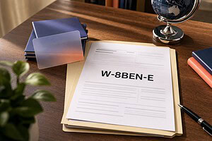 IRS Form W-8BEN-E on a desk folder, illustrating how foreign-owned LLCs complete the form line by line