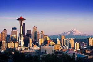 Seattle skyline with the Space Needle and Mount Rainier, Washington
