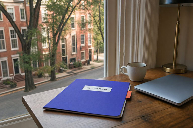 Indigo folder labeled Biennial Report on a desk by a window overlooking a Washington DC rowhouse street