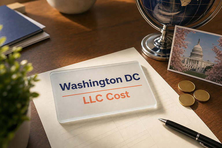 Frosted glass card reading Washington DC LLC Cost on a fee sheet, with gold coins and a Capitol cherry blossoms postcard